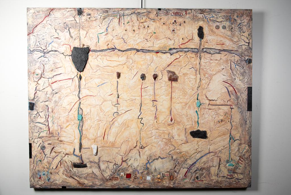 Dodi Klutznick, Mixed Media on Masonite: Dodi Klutznick; Mixed Media on Masonite; Untitled and undated; Signed in the lower left corner "Dodi Klutznick"; Visible area measures H 48 inches x W 60 inches. See photos