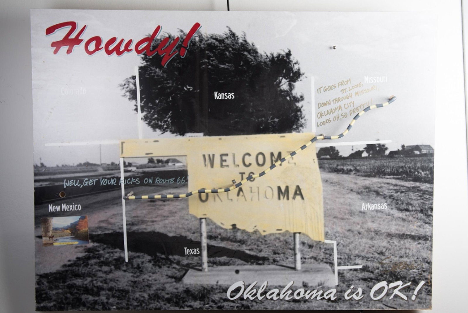 Gary Sweeney, "Howdy! Oklahoma is OK", Neon Photograph: Gary Sweeney; "Howdy! Oklahoma is OK"; Neon photograph; Dated 1990; ; Signature on verso "Gary Sweeney" bottom left; Visible area measures approximately H 36 inches x W 48 inches. See photos