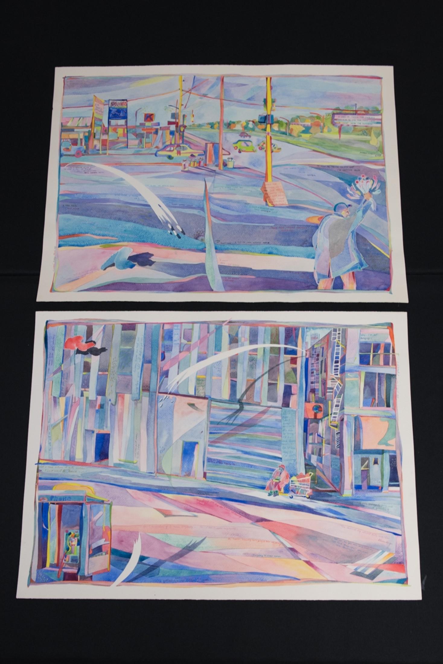 C. Watanakul, "Phone Booth" and "Man with Flowers",: C. Wantanakul; Two Watercolor pieces; "Phone Booth"; "Man with Flowers"; 1987; Signature is on the edge; Visible area measures approximately H 22.5 inches x W 30 inches. See photos