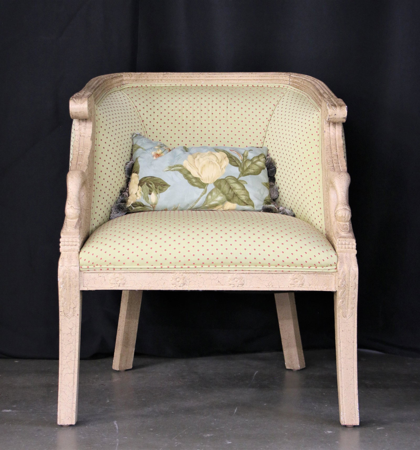 Arm Chair: Unmarked upholstered arm chair with wooden frame with throw pillow; Measures approximately H 35 x W 28 x D 24 inches; Some scratching and chipping on front right foot. See photos
