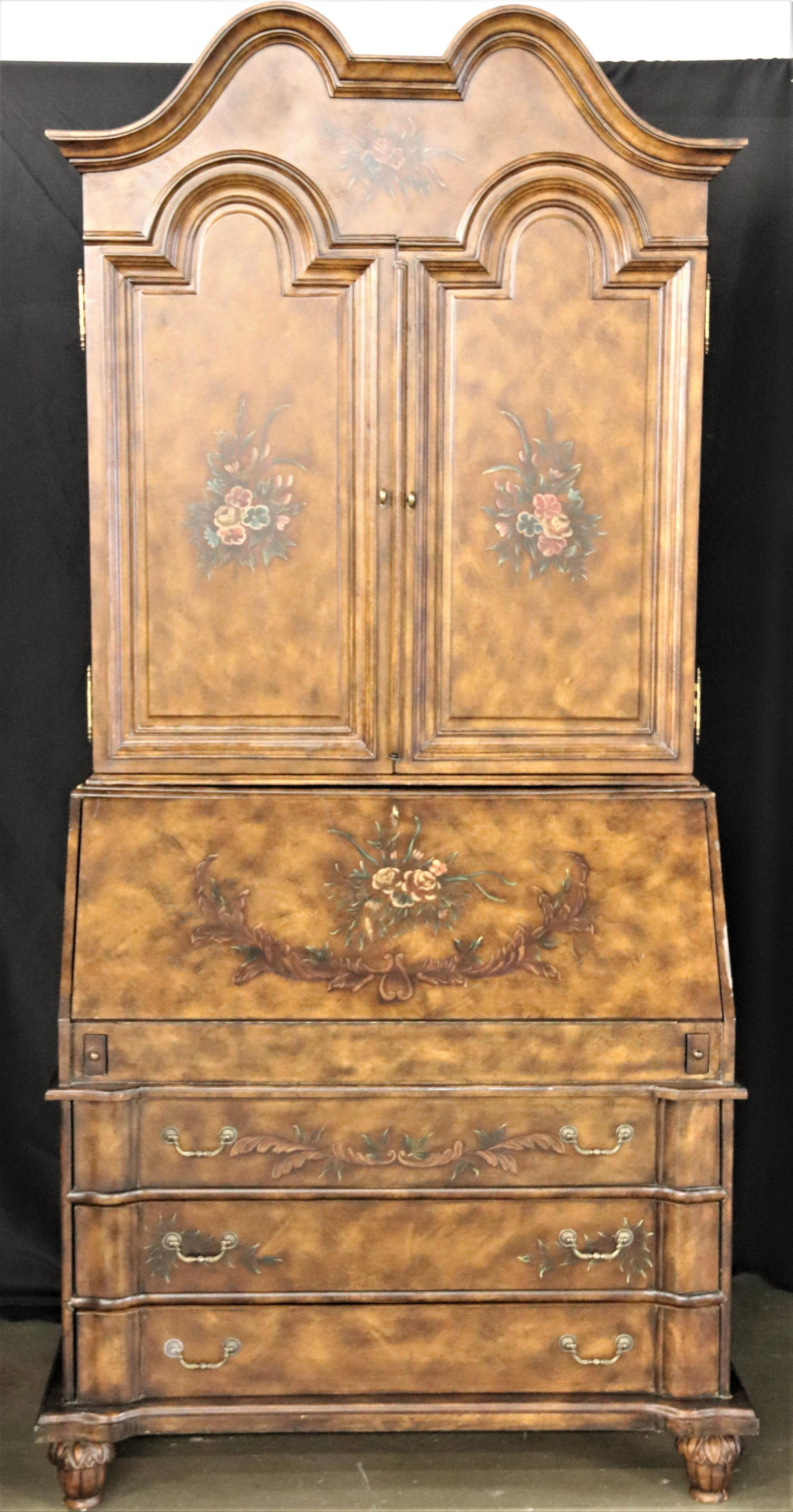 Wooden Secretary Desk: Wooden secretary desk with brass hardware; Measures approximately H 95 x W 45 1/2 x D 22 1/2 inches. Some scuffing and scratching on bottom edges. See photos