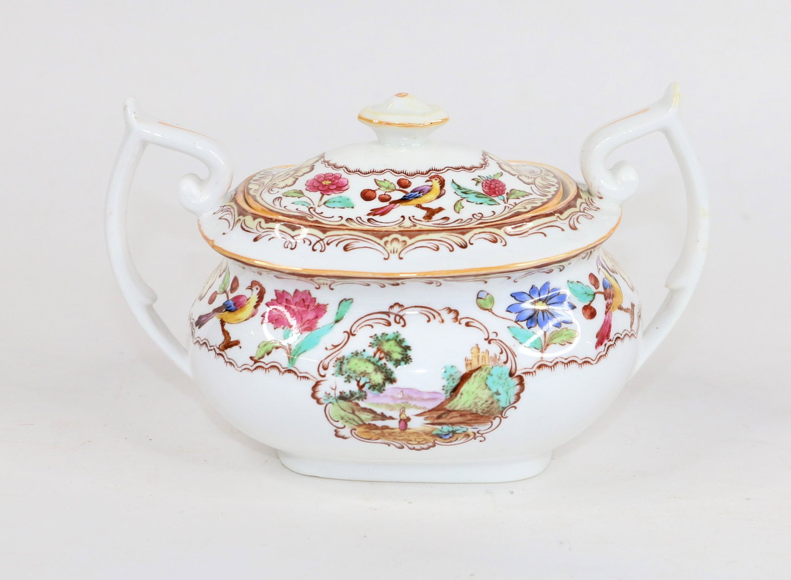 Spode, Sugar Bowl with Handles: Copeland china handpainted sugar bowl with handles and lid; Bottom is marked " Spode, Copelands China, England, 'Spode's Gobelin'"; Some minimal wear around interior lip and bottom edges. See photos