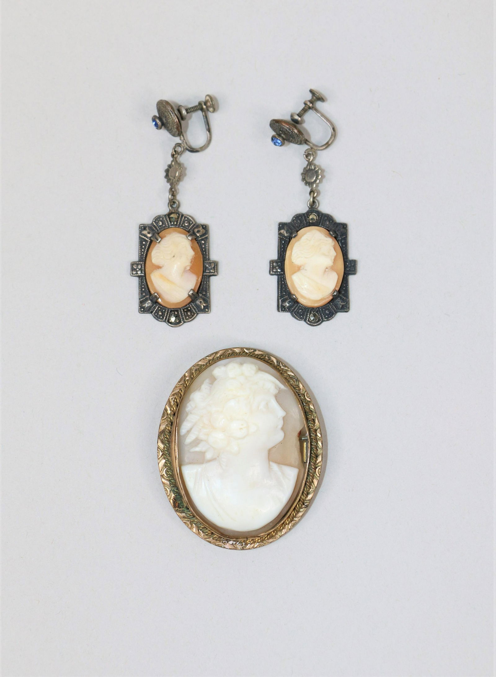 Cameo Brooch and Earring Set: Cameo brooch and pair of screwback earrings; Earrings have small blue stones; Earrings are marked Sterling ; Measures approximately 2 inches long x 3/4 inch wide; Brooch has a small piece of the cameo