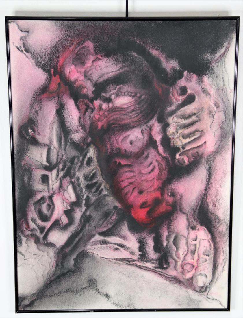 Framed Original Art: Framed original art; Medium is potentially charcoal; Frame is metal; No signature observed, Potentially by Robert Evans; Dimensions are approximately H 30 1/4 x W 22 1/2 x D 3/4 inches; Dirt inside gl