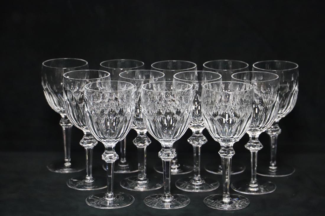 Waterford, Crystal Wine Glasses: Twelve crystal Waterford wine glasses; In the Curraghmore pattern; Each measures approximately H 7 3/4 x Top Diameter 3 1/4 inches; No damage observed. See photos
