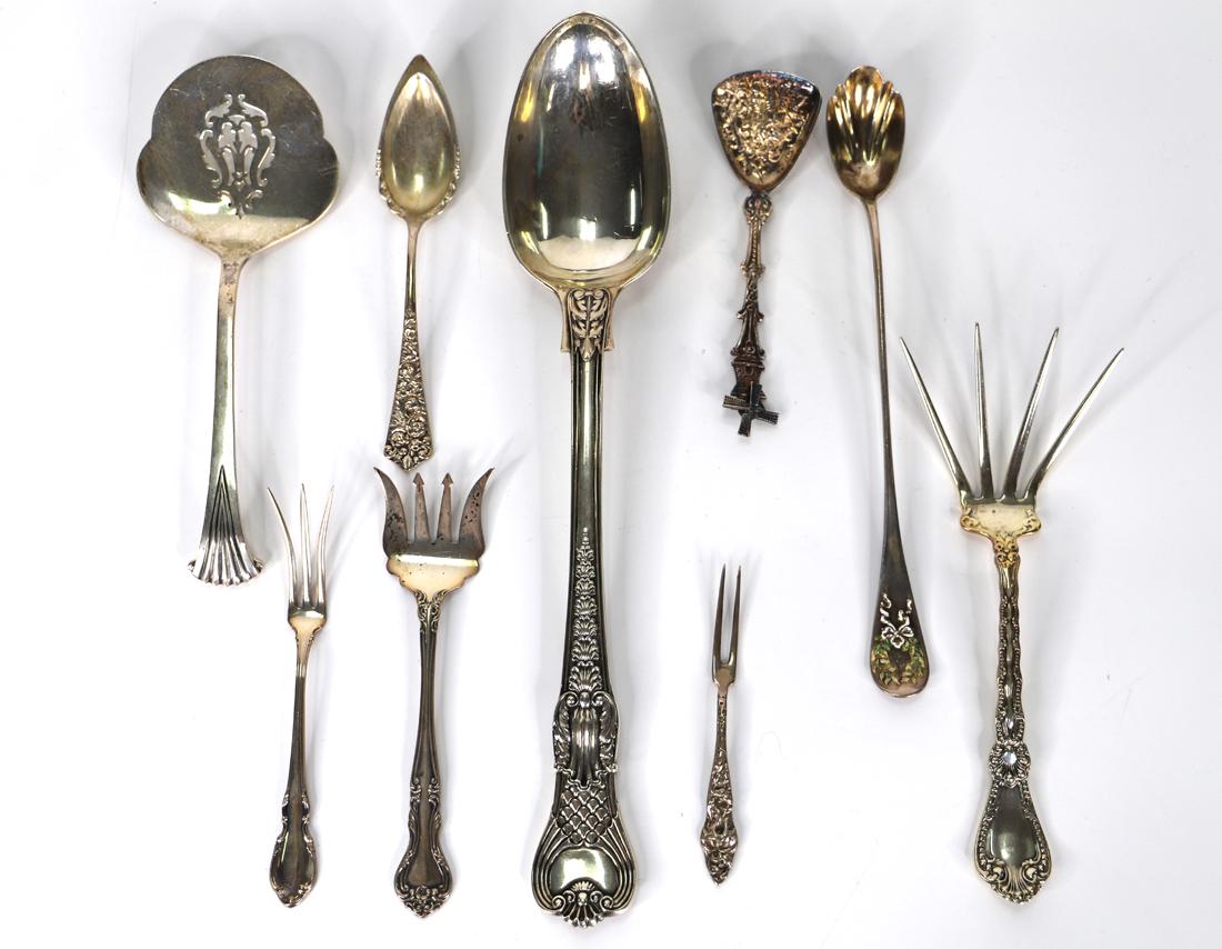 Sterling Silver Flatware: Nine pieces all marked sterling and with different maker marks; Weighs approximately 15.3 troy ounces. See photos