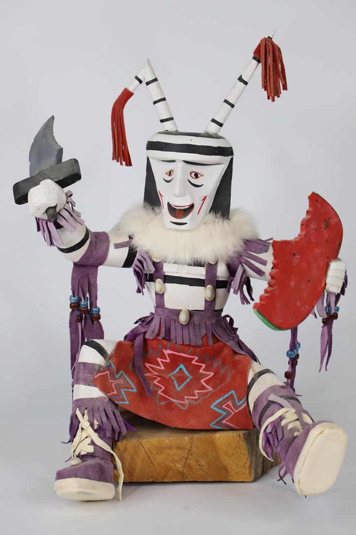 Connie Edsitty, Clown Kachina: Navajo Clown Kachina by artist Connie Edsitty; Measures approximately H 17 x W 13 1/2 x D 12 inches; Fabric has detached from glue on back and is dusty. See photos