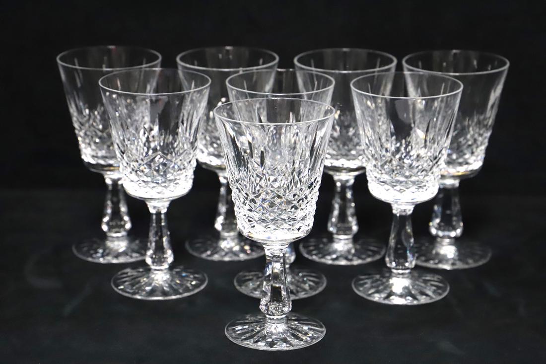 Waterford, Crystal Wine Glasses: Eight crystal Waterford wine glasses; In the Kenmare pattern; Each measures approximately H 6 3/4 x Top Diameter 3 1/2 inches; No damage observed. See photos
