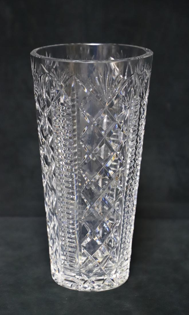 Waterford, Crystal Vase: Waterford crystal vase; Measures approximately H 10 x Diameter at top 5 inches; No damage observed. See photos