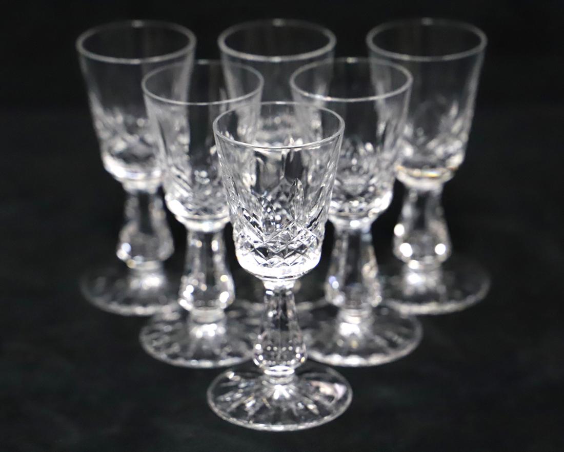 Waterford, Crystal Cordial Glasses: Six Waterford crystal cordial / liqueur glasses; In the Kenmare pattern; Each measures approximately H 4 x Diameter at top 1 1/2 inches; No damage observed. See photos