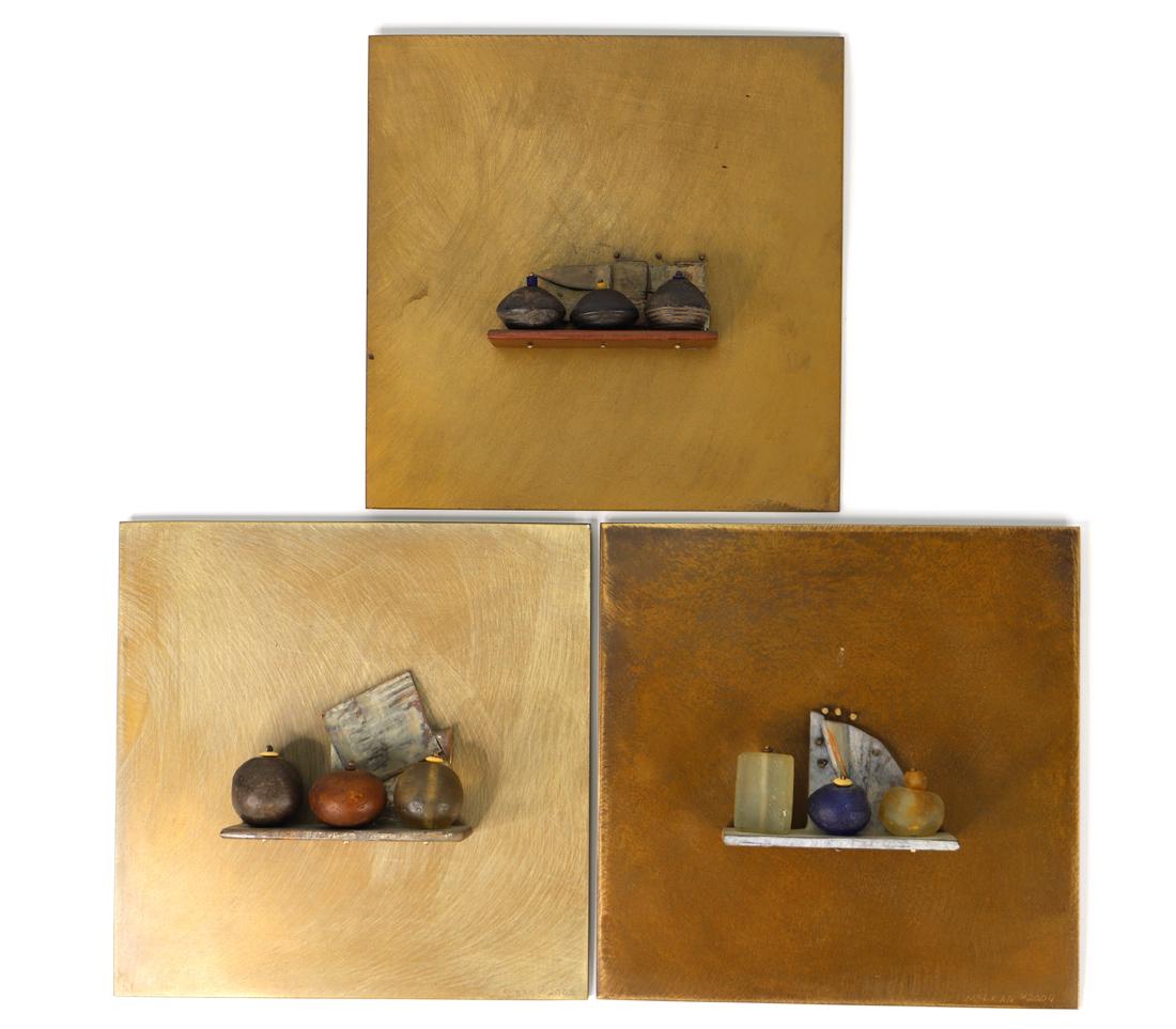 McLean, Metal Wall Art: Three square metal plaques; Mixed media sculptures, each depicting a shelf with various pots / vessels resting on it; All signed "McLean" at bottom right of each piece; Each metal square measures appr
