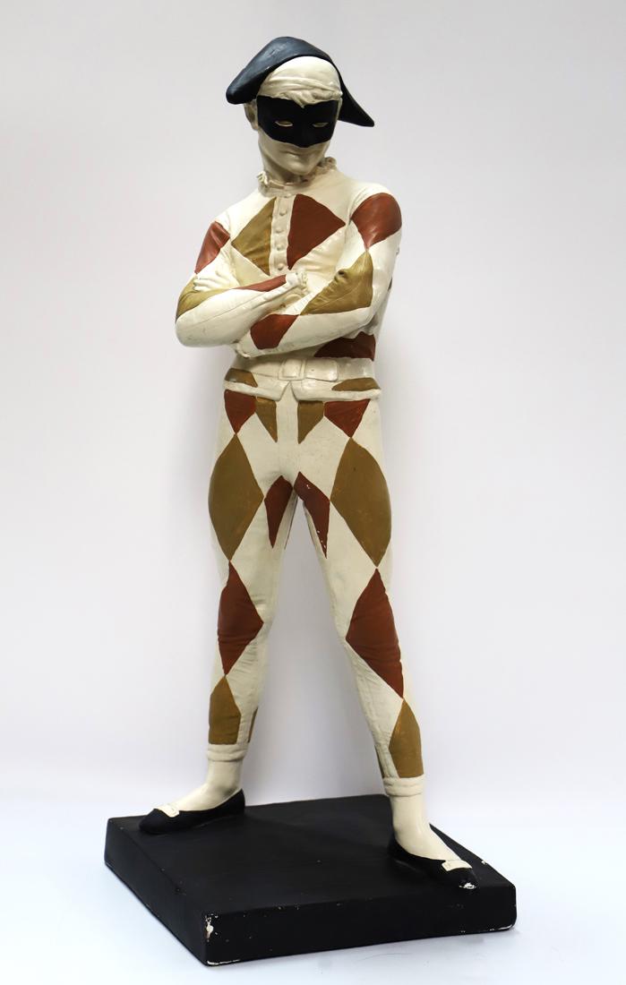 G. W. Hamilton, Harlequin: Hand painted, standing Harlequin figurine; Signed on base by G. W. Hamilton; Measures approximately H 26 1/2 x W 10 x D 9 inches; Stains and chips on the base. See photos ***In-house shipping is NOT a