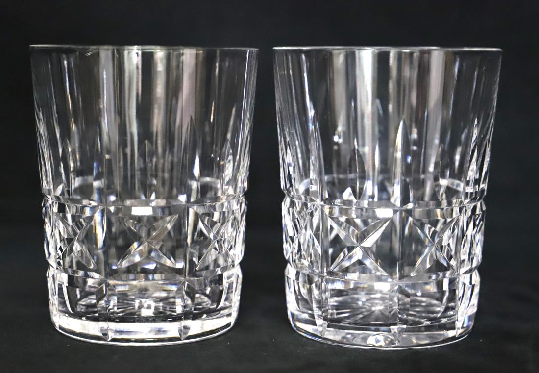 Waterford, Crystal Whiskey Tumblers: Pair of crystal whiskey tumblers; Both are marked "Waterford" near base; Each measure approximately H 4 1/2 x D 3 1/2 inches; No damages observed. See photos