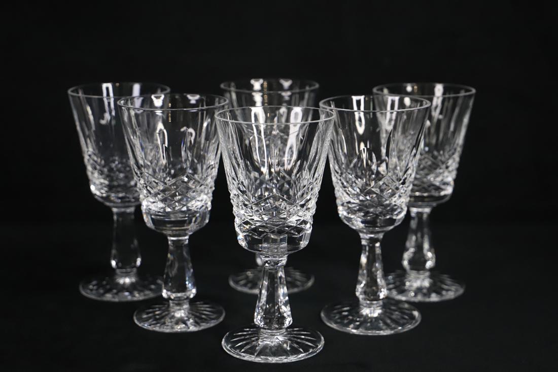 Waterford, Crystal Stemmed Water Goblets: Collection of six crystal stemmed water / wine glasses; Each glass is marked "Waterford" on base; Measure approximately H 6 x D(of opening) 3 inches; No damages observed. See photos