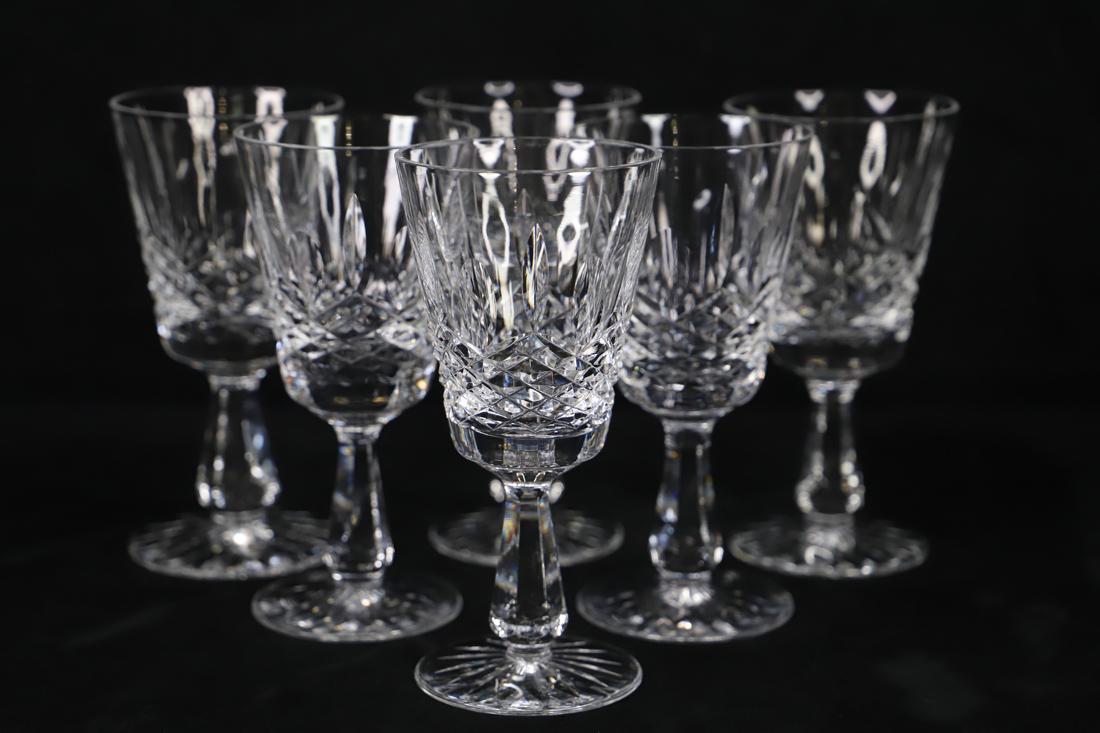 Waterford, Crystal Stemmed Wine Glasses: Collection of six crystal stemmed wine glasses; Each glass is marked "Waterford" on base; Measure approximately H 6 x D(of opening) 3 inches; No damages observed. See photos