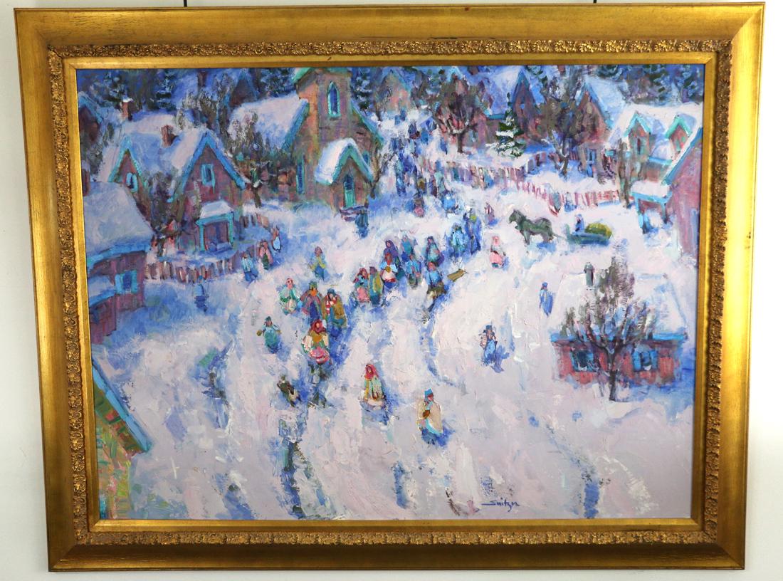 Switzer, Oil on Canvas: Large framed oil on canvas, signed Switzer lower right; Titled "Snow Walk"; Inner dimensions measure approximately H 35 x W 47 1/2; Gold frame has scratches. See photos ***In-house shipping is NOT ava