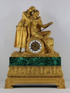 Brocot, Malachite Clock: Malachite and ormolu clock with courting couple; Clock face is marked "Brocot"; Working condition unknown; Two keys are present; Measures approximately H21 x W 14 x D 5 inches; ; Back plate is missing