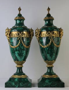 Russian Malachite Urns: Two antique malachite and ormolu urns, possibly Russian; No maker mark observed; Each measures approximately H 23 x W 7 x D 7 inches; Wear commensurate with age; See photos. Pick up in Denver