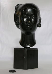 Vietnamese Bronze Sculpture: Ebonized bronze sculpture with unknown artist mark on back of head; Possibly Thanh Le Nguyen; Measures approximately H 10 x W 4 x D 6 inches; Paint is worn on nose; Piece has broken off back of hair b