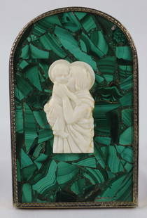 Malachite Madonna, Child: Religious icon of Madonna and child mounted on a malachite background; In a silver frame marked "800"; Measures approximately H 4 x W 2 1/2 inches; Wear commensurate with age; See photos. Pick up in