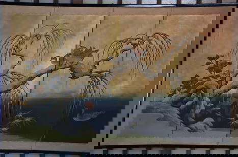 Japanese Silk Screen: Oil on silk four panel screen; Hand painted with character marks on the left lower corner; Measures approximately H 30 x W 48 x D 3/4 inches; No damage observed; See photos. Pick up in Denver