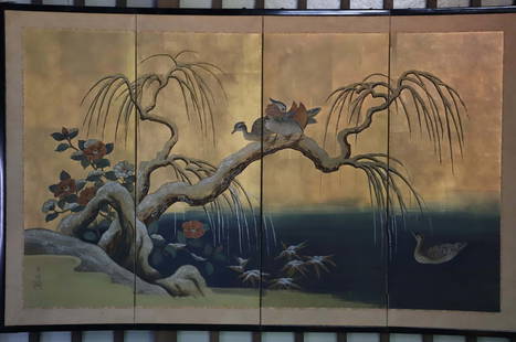 Japanese Silk Screen: Oil on silk four panel screen; Hand painted with character marks on the left lower corner; Measures approximately H 30 x W 48 x D 3/4 inches; No damage observed; See photos. Pick up in Denver