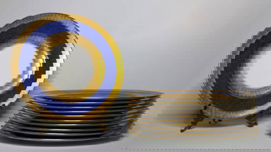 Cauldon China, Dinner Plates: Eleven Cauldon China dinner plates; Cobalt blue with gold; Measures approximately Diameter 10 3/4 inches; Visible wear on gold; See photos. Pick up in Denver