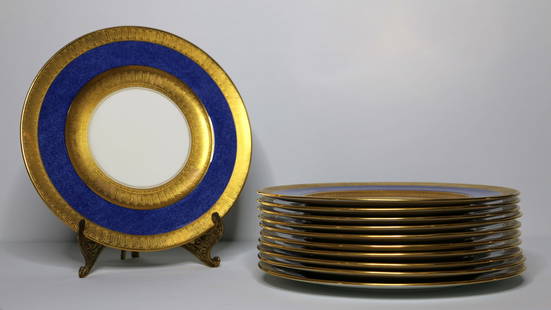 Cauldon China, Dinner Plates: Eleven Cauldon China dinner plates; Cobalt blue with gold; Measures approximately Diameter 10 3/4 inches; Visible wear on gold; See photos. Pick up in Denver