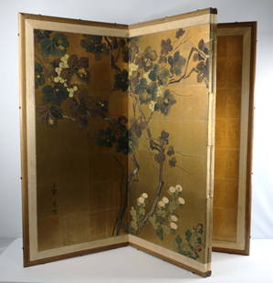 Japanese Screen: Vintage oil on paper painted screen; Possibly dates from 1920's - 1940's; Has Character marks; Measures approximately H 36 x W 70 inches; Some scratches on frame and print; See photos. Pick up in Denv