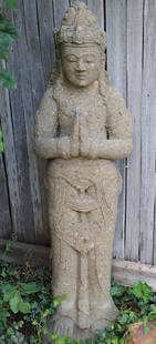 Thai Garden Statue: Vintage Thai garden statue of a standing Buddha figure; ; No maker mark observed; Measures approximately H 47 x W 13 x D 12 inches; Statue is outside and has some surface chips and wear, particularly