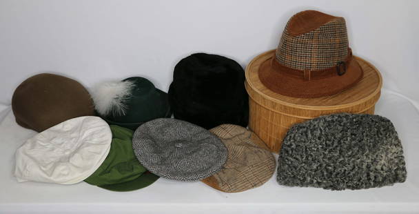 Men's Hats, Lederhosen: Men's vintage hats; Two are possibly Russian; Brands include ""Kangol", "Huckel", "Knox, New York"; Leather lederhosen with suspenders and wool sock; Two single stitch cotton shirts; Denim is marked s