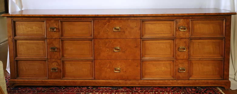 Henredon, Low Dresser: Vintage dresser by Henredon Fine Furniture; Possibly Birds-eye maple wood veneer on top & end edges and on drawer fronts; Six wide and three narrow drawers; Metal drawer pulls; Some drawers have inter