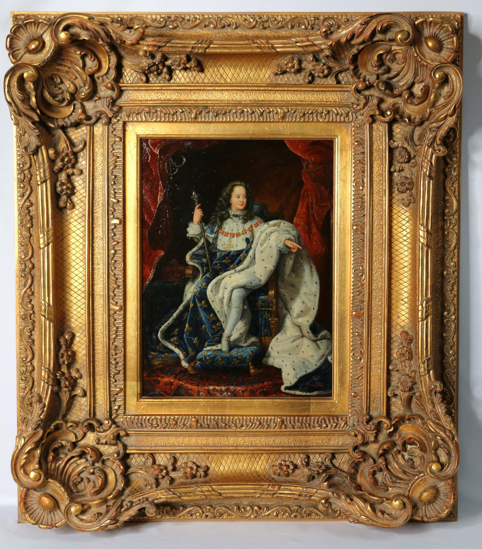 Louis XV, Print: Reproduction of the Louis XV oil painting; Signed "M. Mushall"; In ornate gold gilt frame; Frame measures approximately H30 x W 26 1/2 x D 4 1/2 inches; Damage to top of frame; Cracqueler on painting;