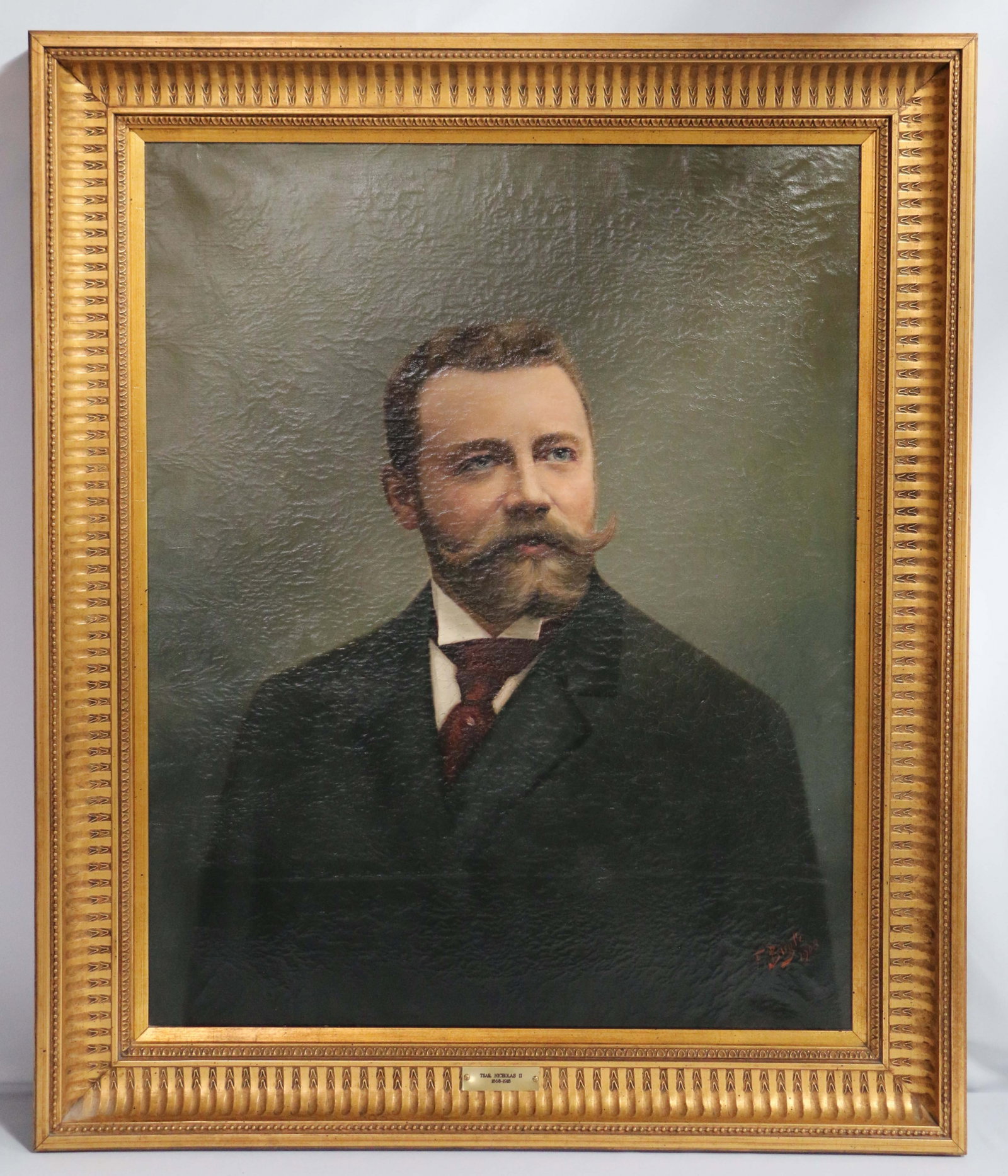 Ferdinand Buyle, Oil Painting: Oil painting of Czar Nicholas II; Signed lower "F. Buyle, 1908"; In wood frame; Inner dimensions measure approximately H29 x W 23 inches; Significant craquelure; See photos. Pick up in Denver
