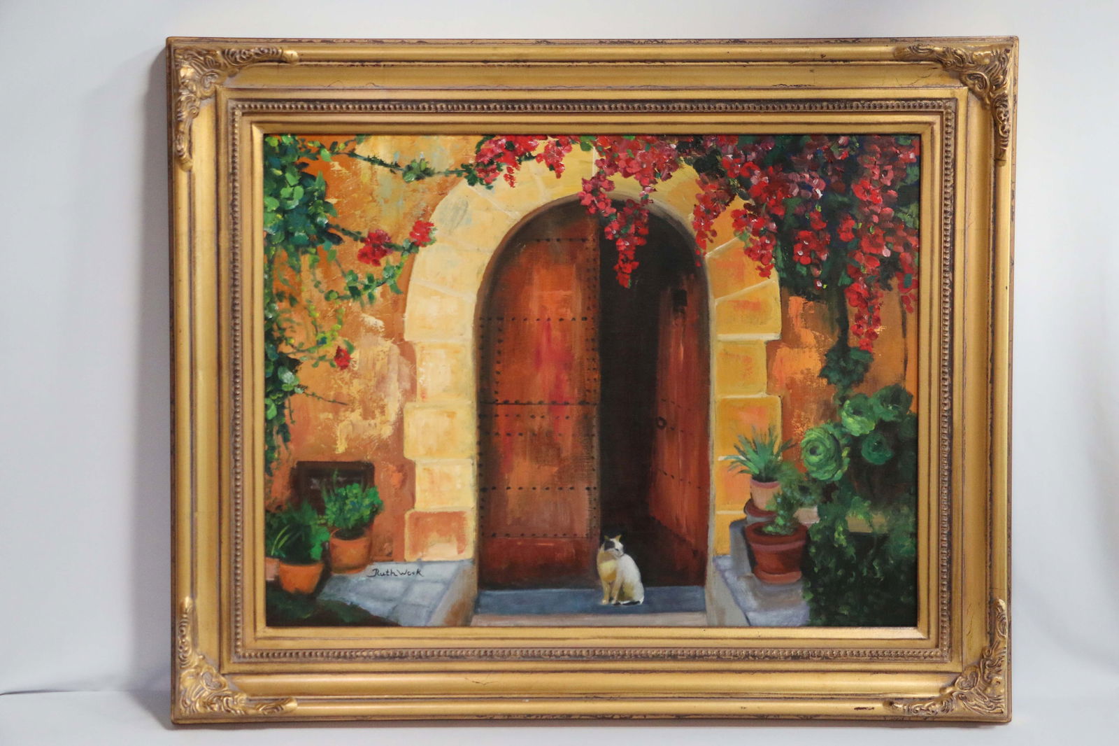 Ruth Work, Oil Painting: Oil on linen board; Titled "Guarding his Home-Majorca"; Dated 2009; Artist signed lower left corner; Inner measures approximately H 19 x W 25 inches; Slight scratching on frame; See photos. Pick up in