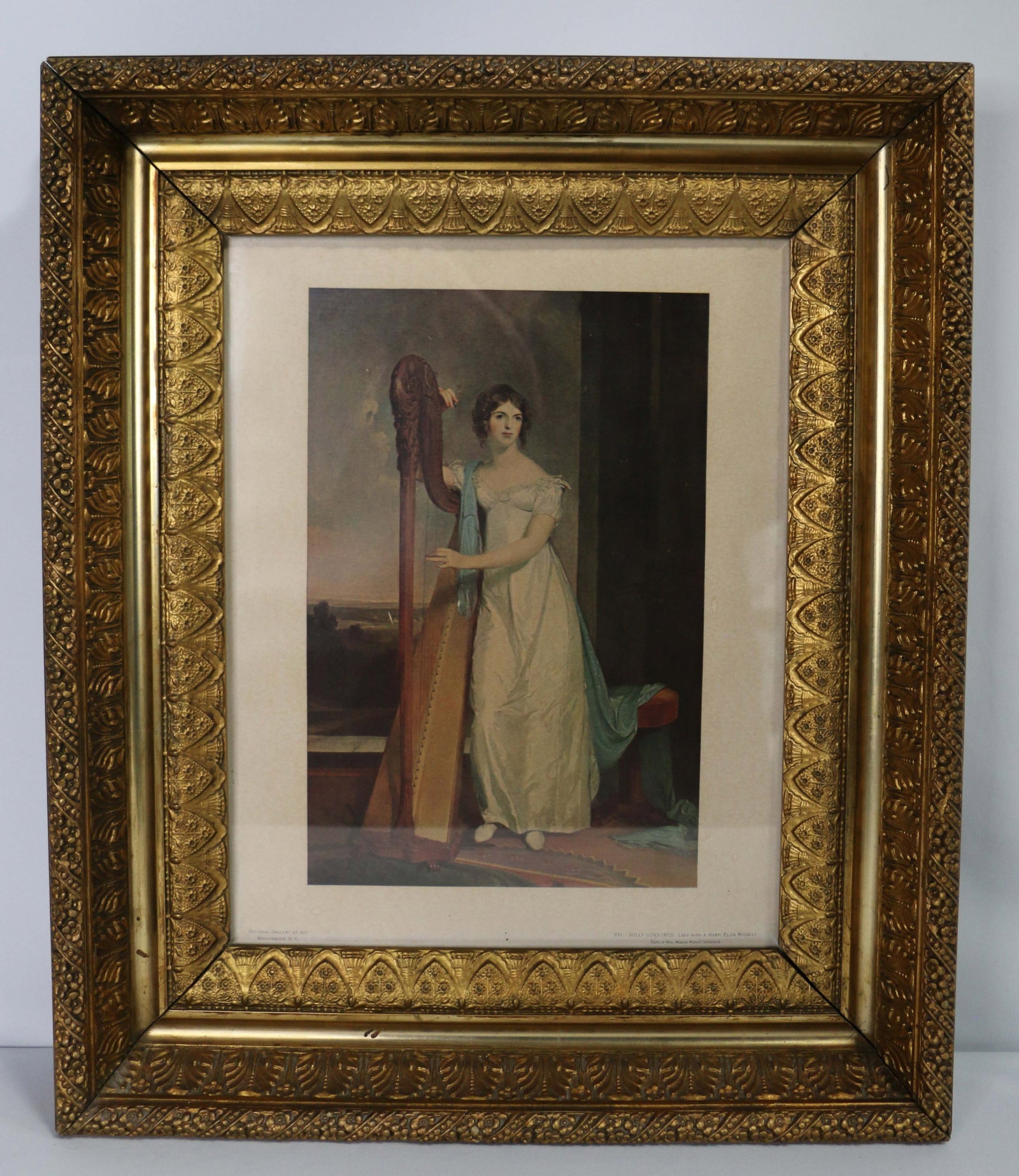 Lady with a Harp, Framed Print: Print in gold gilt frame; Marked "Sully (1783-1872) Lady with a Harp: Eliza Ridgley; Frame measures approximately H 20 x W 16 1/2 x D 2 1/2 inches; Chips and scratches in frame; See photos. Pick up in