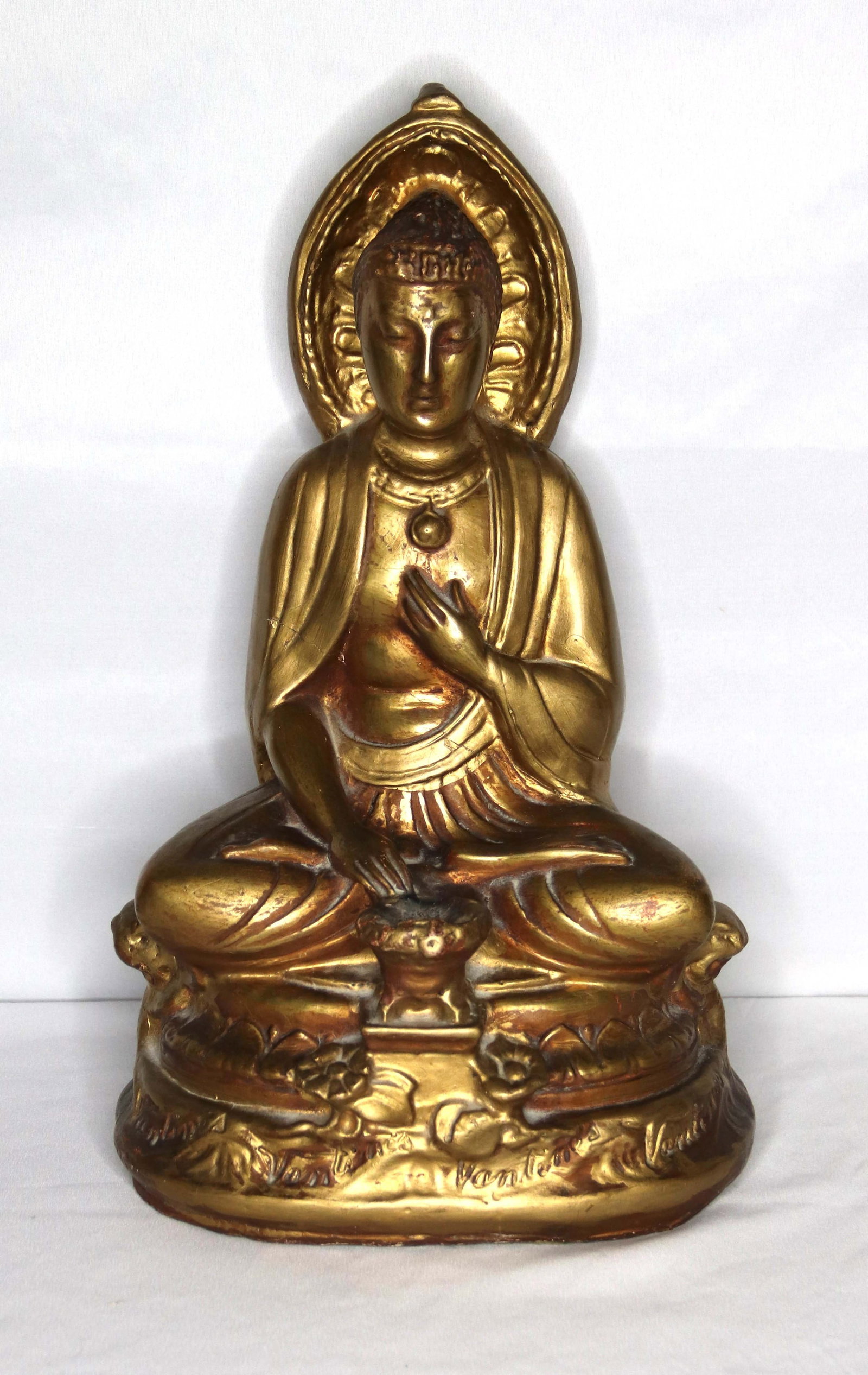 Seated Buddha: Painted wood sculpture; Marked on back and numbered 1923; Measures approximately H 17 x W 10 x 7 inches; Large crack on the back; Chips in paint; See photos. Pick up in Denver