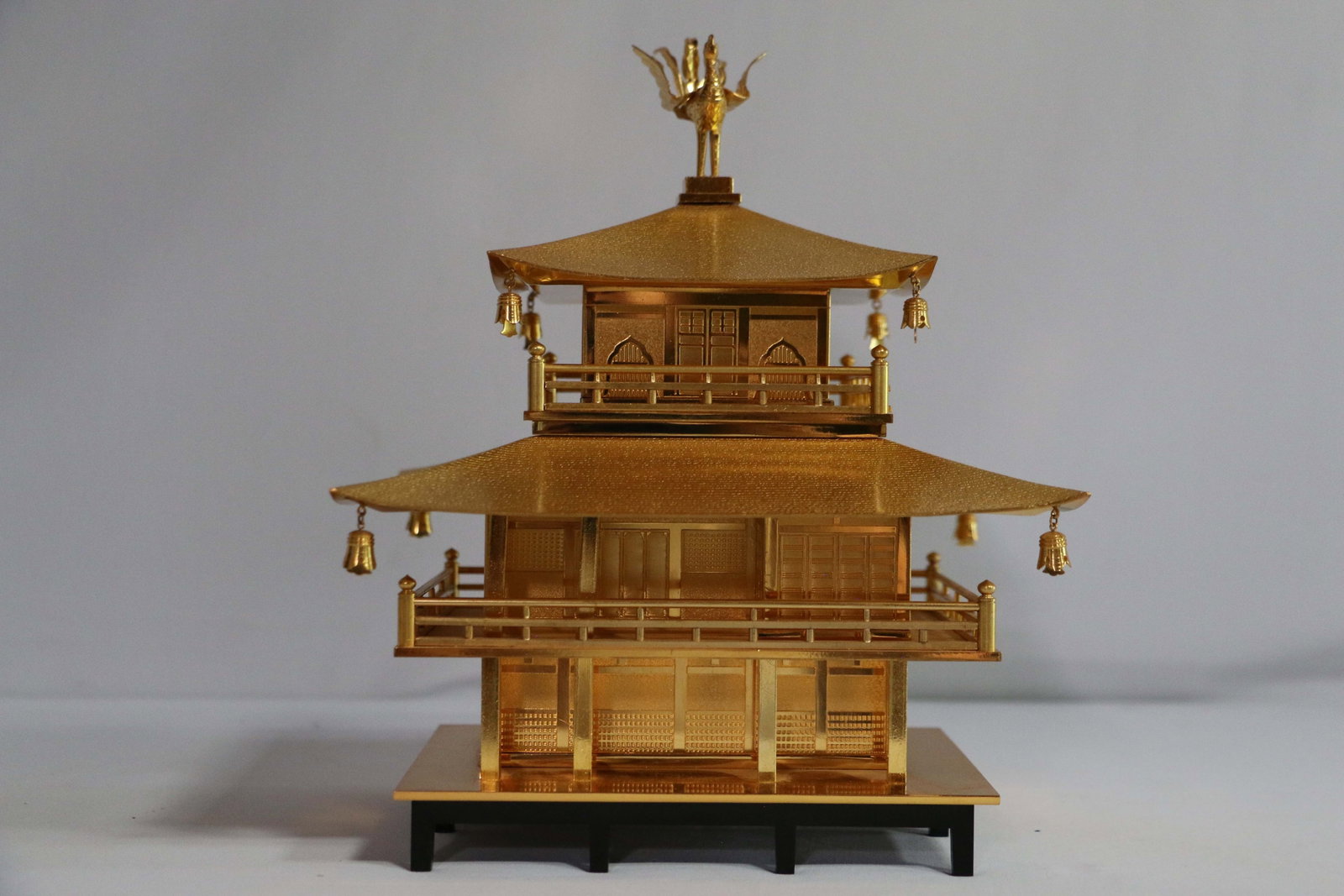 Chinese Temple: Gold-toned model of a temple/pagoda; No maker marks observed; Measures approximately H 10 x W 7 1/2 x D 7 inches; No damage observed; See photos. Pick up in Denver