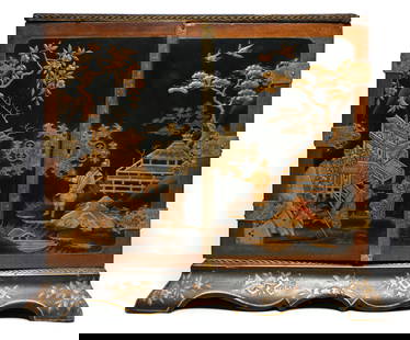 Lacquered Chinese Chest: Small chest / jewelry box; Black laquered wood construction with metal detailing and painted gilt designs; Contains five interior drawers; Possibly from the Republic Perios; No maker marks observed; M