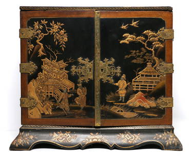 Lacquered Chinese Chest: Small chest / jewelry box; Black laquered wood construction with metal detailing and painted gilt designs; Contains five interior drawers; Possibly from the Republic Perios; No maker marks observed; M