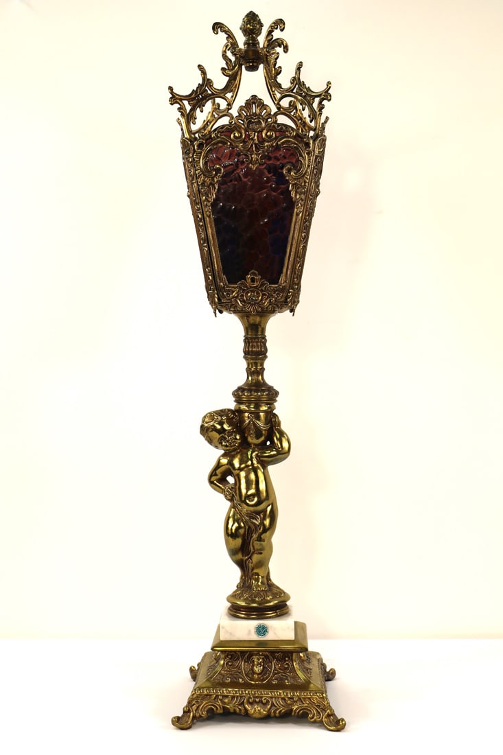 Italian, Table Lamp: Vintage lamp with marble and metal base; Shade has four different colored pieces of glass; Attached label reads "Made in Italy: Measures approximately H 29 inches; Chip in marble. See photos