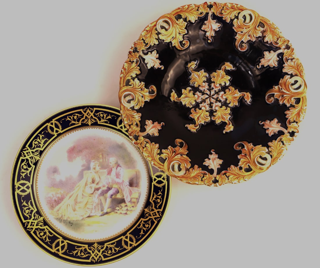 Sevres, Meissen, Plates: Hand painted plate depicting a courting couple with a "Sevres" backstamp; Painting is signed "Max" on the front; Shallow bowl with gilt paint on a blue background; Meissen backstamp; Sevres plate meas