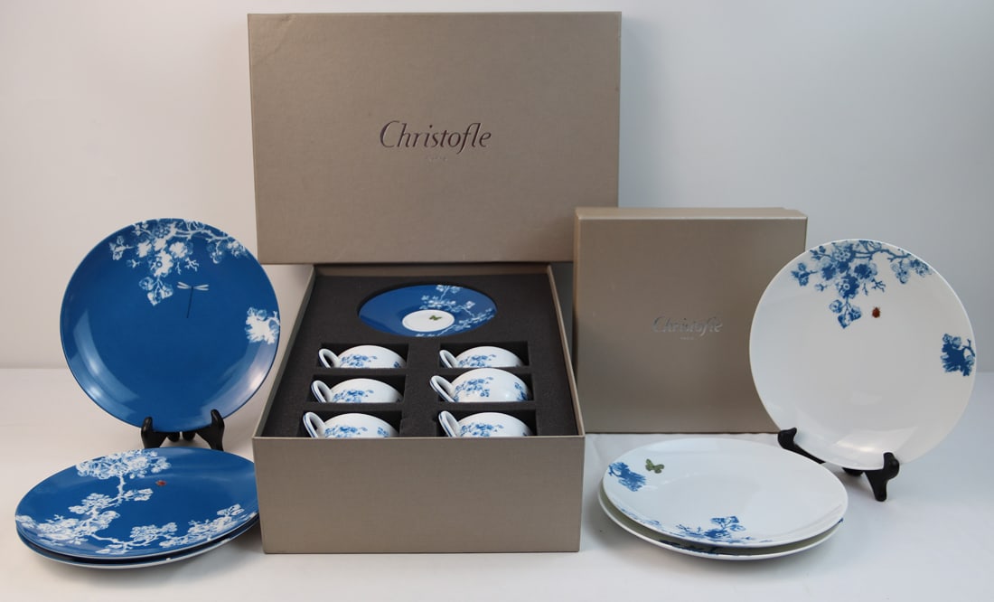 Christofle, Dishes: Six plates, six teacups, six saucers by Christofle with original boxes; Each piece bears a different insect likeness; Three plates are white on blue and three are blue on white; Insects include butter