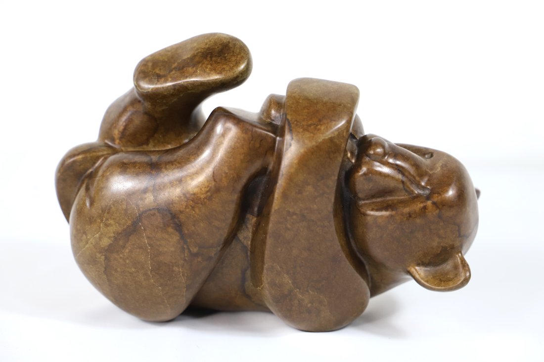 Mark Yale Harris, Bear: Sleeping metal bear by "Mark Y. Harris II"; Signed on tail and numbered 13/80; Bear is a rattle; Pillow included; Bear measures approximately H 3 3/4 x W 8 1/4 x D 6 inches; No damage observed. See ph