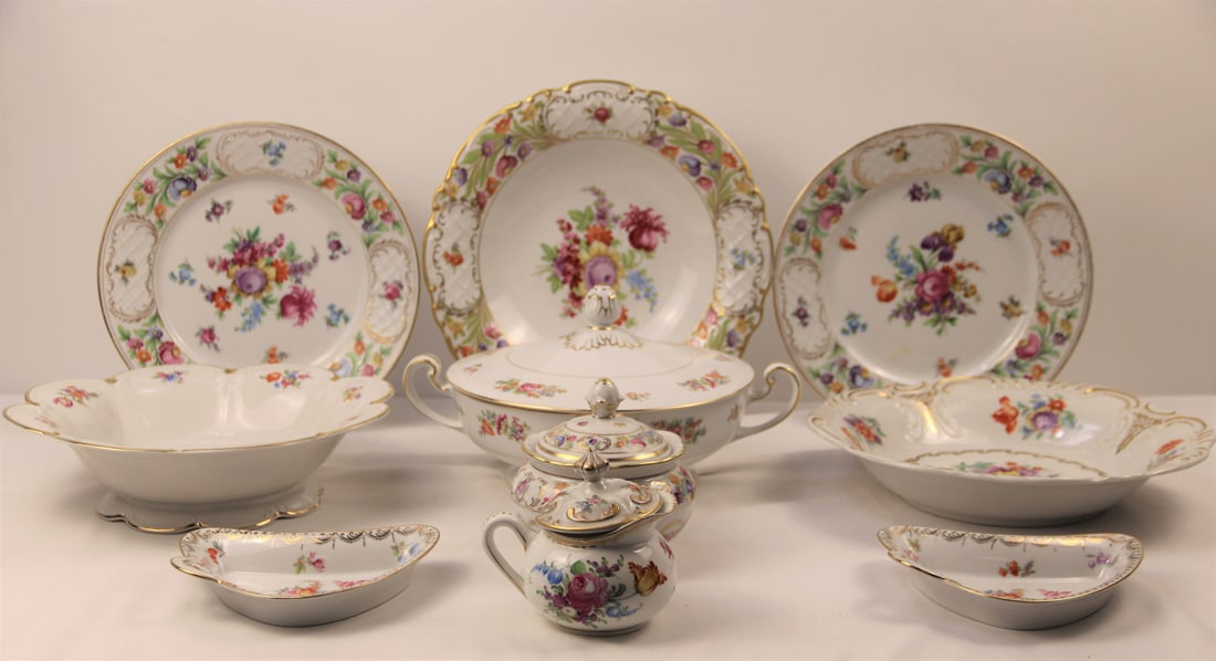 Meissen, Noritake, Dishes: Ten various items by different makers; Covered, handled casserole is by Noritake; Two floral plates by Dresden; Two bone plates and one scalloped edge serving bowl by Tirschenreuth; Bone plates also m
