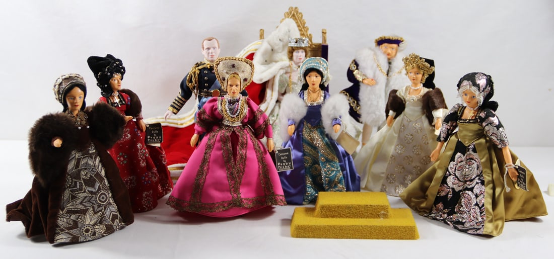 Peggy Nisbet, Dolls: Nine costume dolls by Peggy Nisbet; Dolls include Catherine Howard, Katherine of Aragon, Jane Seymour, King Henry VIII, Coronation Set # 345, Anne Boleyn, Anne of Cleeves, Catherine Parr; The King Hen