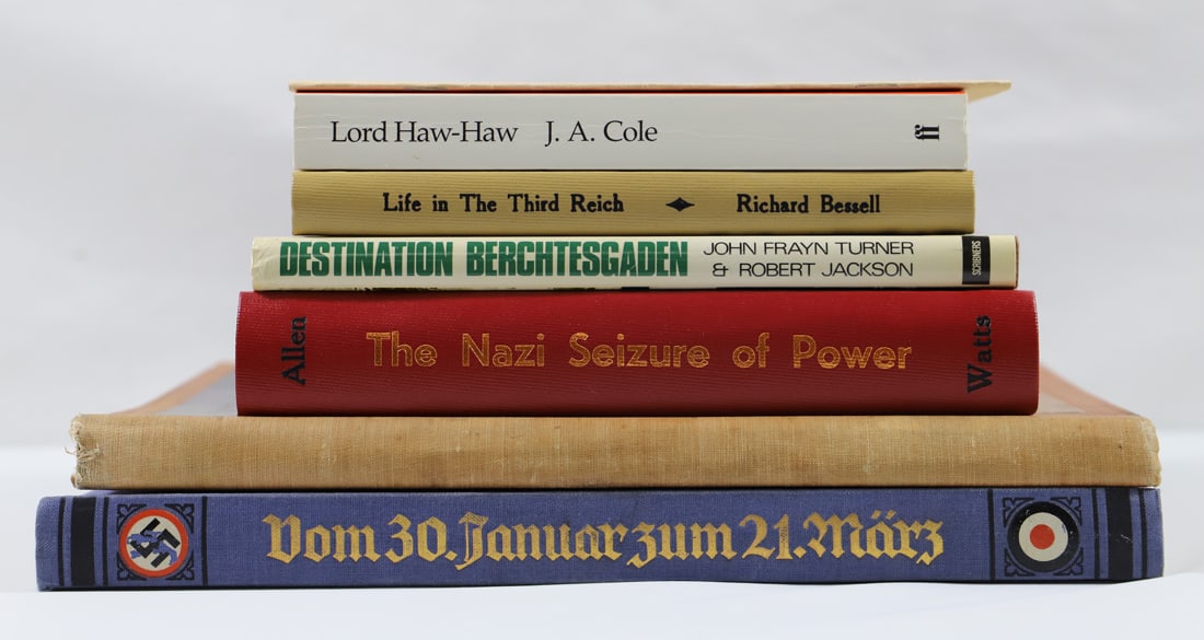 WWI, WWII Era Books: Seven WWI and WWII era fiction and non-fiction books; Includes Russian WWI volume titled "Blood Stained Russia" by Donald Thompson copyright 1918; Other titles include "Destination Berchtesgaden", "Lo