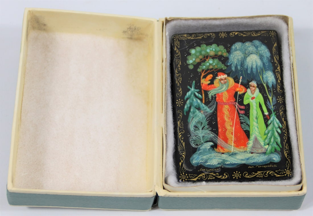 Goncharova, Russian Lacquer Box: Vintage Russian lacquer box titled "Queen and Father Frost" number 2490; Artist Goncharova signed on front lower right; Lacquer box inside presentation box; Measures approximately H 1 1/4 x W 2 1/2 x 