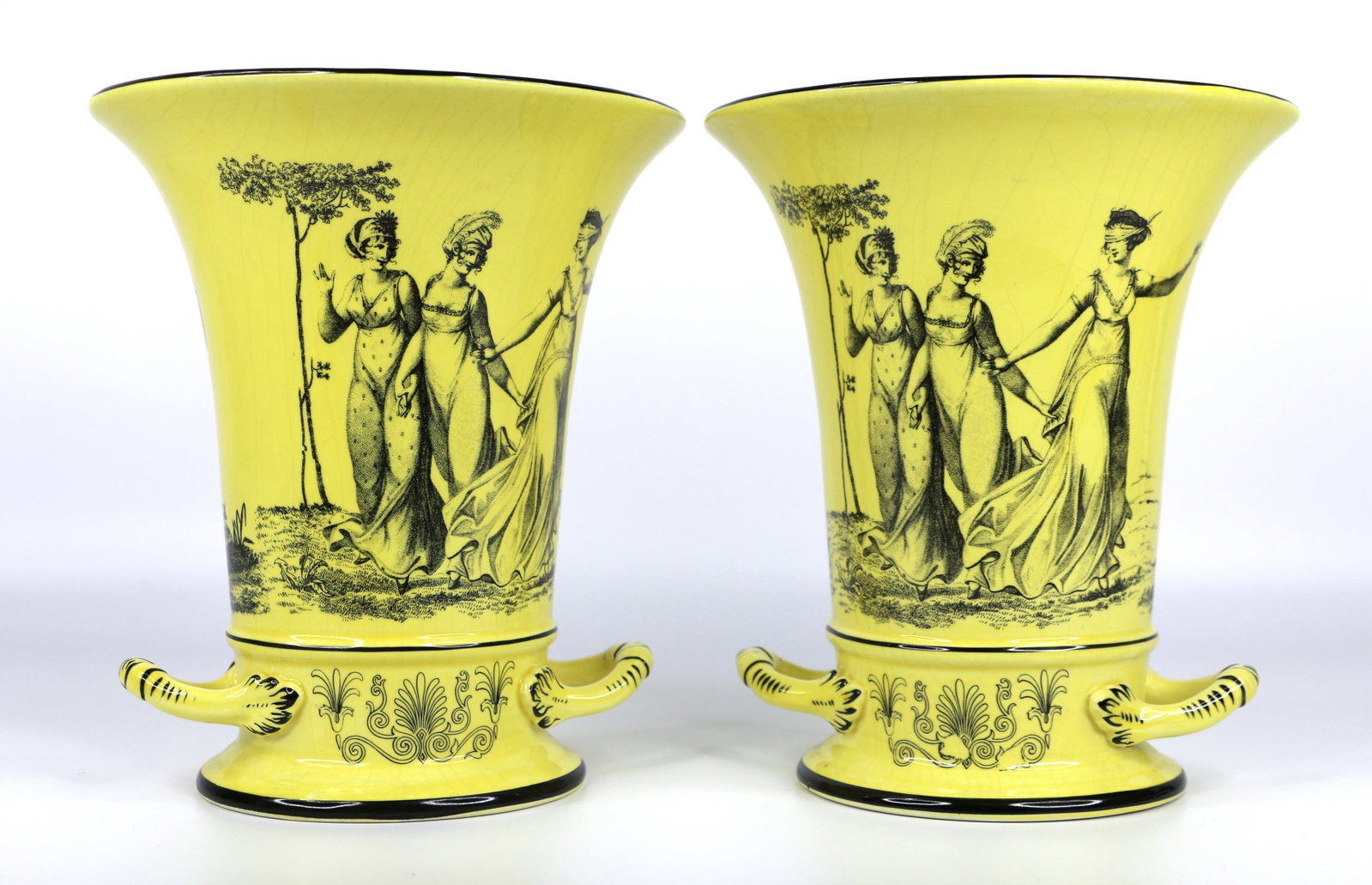 Mottahedeh Design, Vases: Two porcelain vases with a transferware design; Made in Italy; Marked on base; Each measures approximately H 7 3/4 x W 6 1/2 x D 6 3/4 inches; Crazing throughout on both pieces. See photos (T1)
