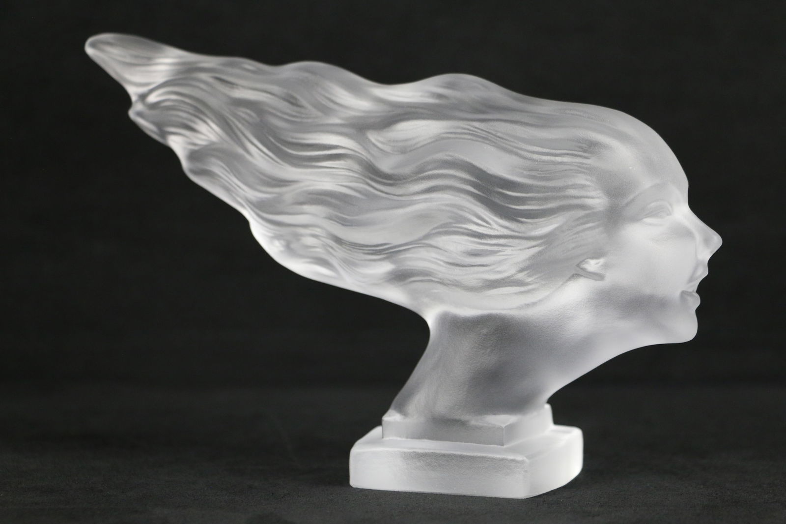 Art Deco, Speed Girl, Hood Ornament: Frosted crystal figurine, car ornament, in the style of H Hoffman by Lalique; No maker marks observed; Measures approximately H 5 1/2 x W 8 1/2 x D 3 inches; Small chips in glass. See photos (T1)
